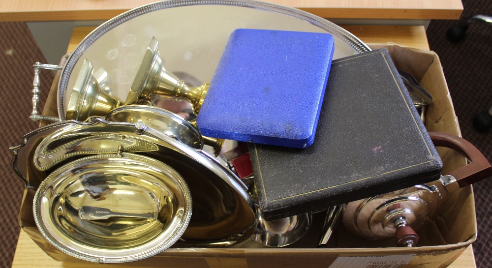 A silver plated gallery tray, Art Deco tea set, cutlery,