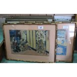 Two Japanese interior scene woodblock prints plus four bird silk pictures