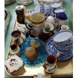 Two trays of mixed ceramics and glass including Royal Crown Derby tea wares