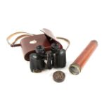 A brass four draw telescope plus Carl Zeiss Jenoptem 8x30 binoculars