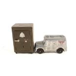 A die cast Callen Manufacturing Corp USA armoured truck money bank plus a tin plate safe money box