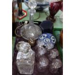 Two cut glass decanters plus other items