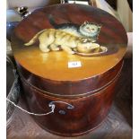 A large wooden hat box with painted kitten design lid