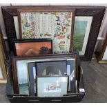 A highland cattle print in carved oak frame plus a box of pictures and prints