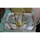 Two silver plated trays plus a large brass hourglass