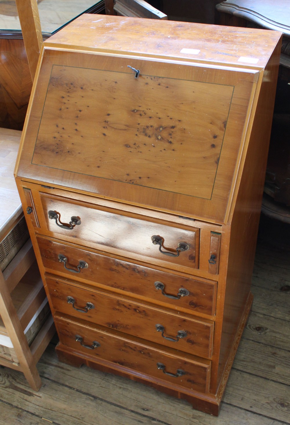 A yew and burr yew veneered modern bureau of small proportions