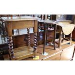 A small oak drop leaf table, a pine plant stand, a bentwood stool,