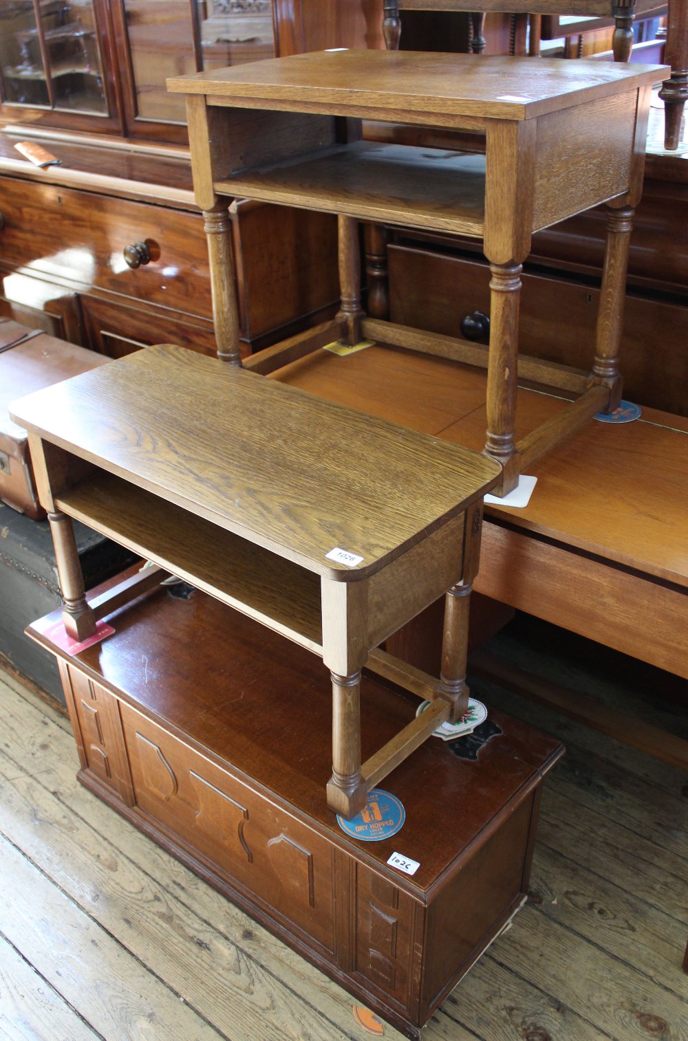 Two small oak two tier occasional tables and a mahogany lift top box