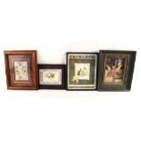 Three framed Victorian greetings cards plus a woolwork angel picture