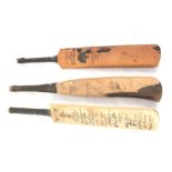 Three miniature cricket bats, one made from Trent Bridge fine elm tree,