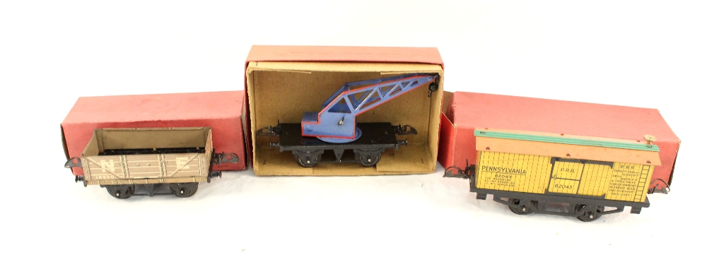 Boxed Hornby 0 gauge rolling stock, W603 wagon (2), RS699 fish van, RS687 caboose,