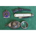 A mixed lot including a silver Royal Engineers sweetheart brooch and a compass