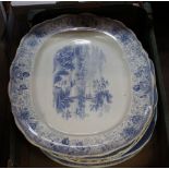 Eight various Victorian meat plates including Willow and landscape designs