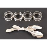 Four silver Exeter teaspoons by Isaac Parkin hallmarked 1829, four silver napkin rings,