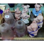 Seven NatWest pigs plus three etched glass shades