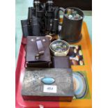 Various binoculars, pewter tankard,