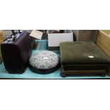 Two upholstered footstools plus a lady's vanity case