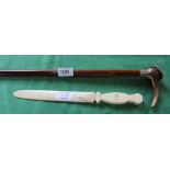 A vintage ivory paper knife plus a walking cane with antler grip