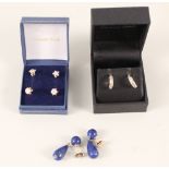 Three pairs of 9ct gold white stone set rings plus a pair of 9ct gold lapis lazuli earrings