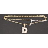 A 9ct gold white stone set 'D' pendant on 9ct gold chain