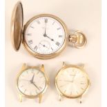 A Waltham gold plated Hunter pocket watch with two gents wristwatches