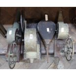 Three Victorian brass and mahogany hand cranked fire lighting blowers plus a pair of bellows