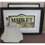 A beer pull table lamp plus a watercolour and two prints