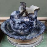 A Victorian blue and white shell shaped floral jug and bowl (as found) plus three meat plates