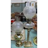 A brass Corinthian column oil lamp (converted) plus a brass oil lamp