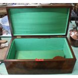 A Victorian burr walnut box with gilded handles and containing a tape measure