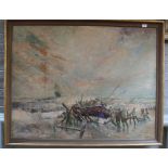 Geoffrey Chatten oil on board of Caister Lifeboat beached with sinking ship in background,