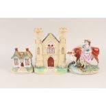 A 19th Century Staffordshire castle and cottage money box plus cow (as found)