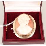 A large cameo brooch with 9ct gold mount cameo decorated with bust of a lady