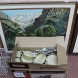 A Poole speckled brown stoneware part dinner set plus a mountain scene painting