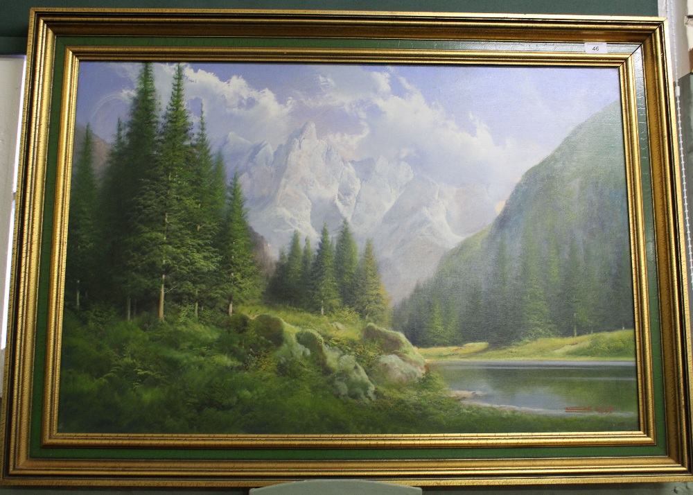 A river and mountain scene oil on canvas,