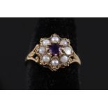 A 9ct gold ring set with pearls and single amethyst,