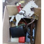 A metal horse and jockey mobile plus other items