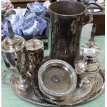 Two silver plated trays, coffee pots,