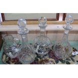 A Mary Gregory jug and decanter plus a pair of cut glass decanters