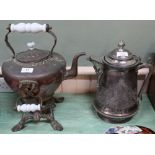 A large Victorian copper spirit kettle plus a large Britannia metal lidded jug