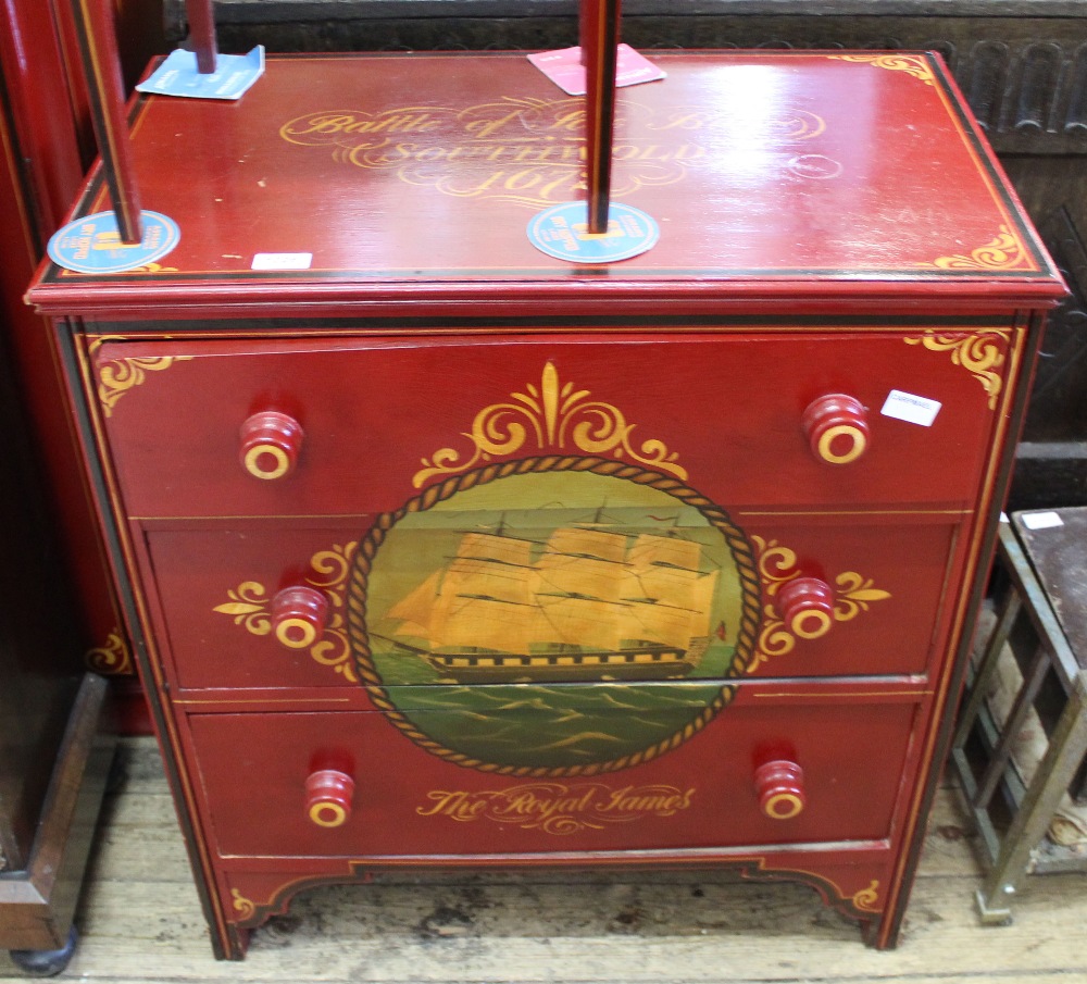 A hand painted chest of drawers with Battle of Sole Bay decoration