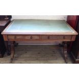 A 19th Century oak and mahogany two drawer writing desk with green leather inset top and brass lion