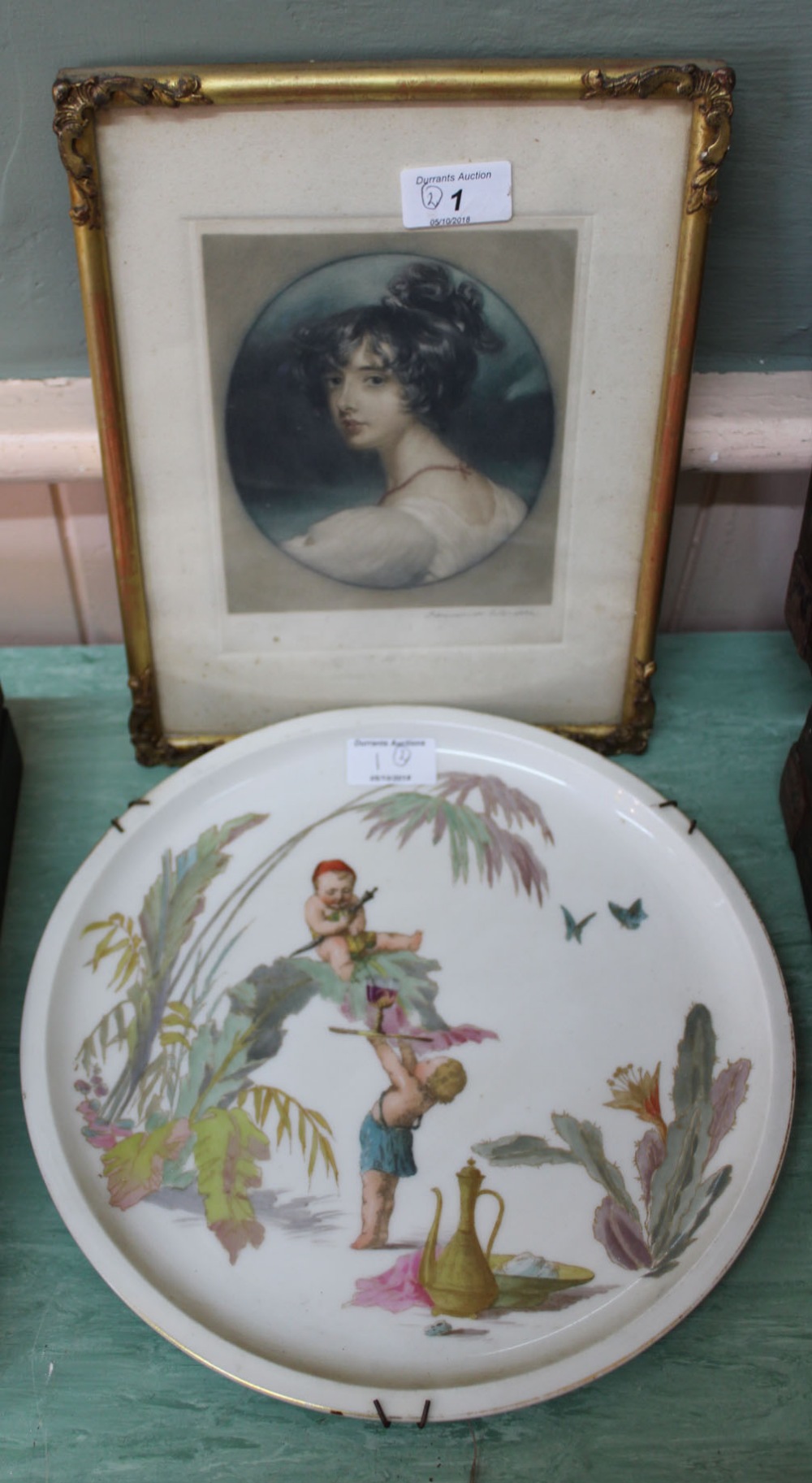 A continental porcelain children decorated wall plate plus Edmund Wardle mezzotint of Lady