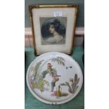 A continental porcelain children decorated wall plate plus Edmund Wardle mezzotint of Lady