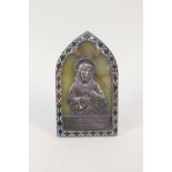 A 19th Century French champleve enamel, white metal and onyx easel plaque of Christ,