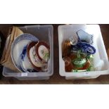 A blue and white jug plus other china and glass including Carnival glass (two boxes)