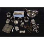 A collection of silver and silver plated items including two vestas plus a small quantity of