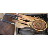 A Keith Miller cricket bat and racquets etc plus a leather rugby ball