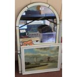 A leaded light mirror plus a broadland scene oil