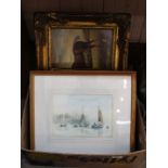 A horse oleograph, two marine scene watercolours, one monogrammed C.R.